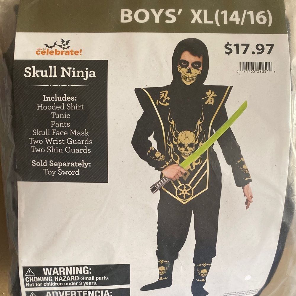 Boys Skull Ninja Costume X-Large 14/16 Halloween 6-Piece Set Complete